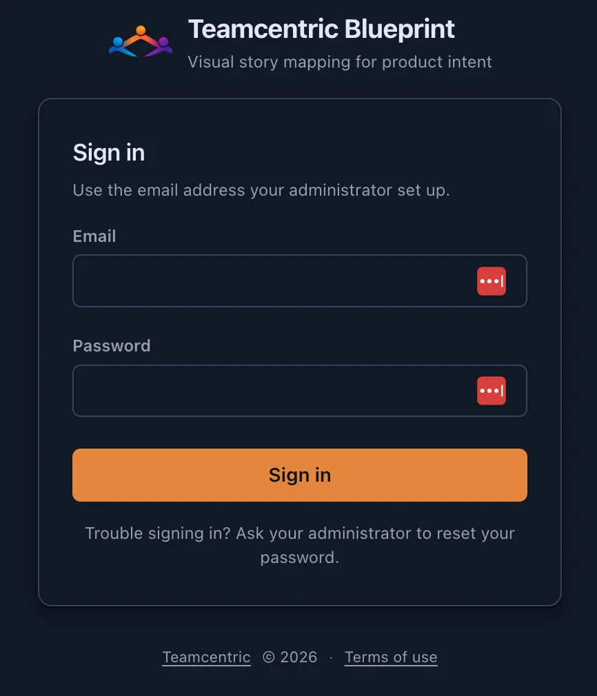 The Teamcentric Blueprint sign-in screen, headed “Visual story mapping for product intent”, with email and password fields and the note: use the email address your administrator set up.