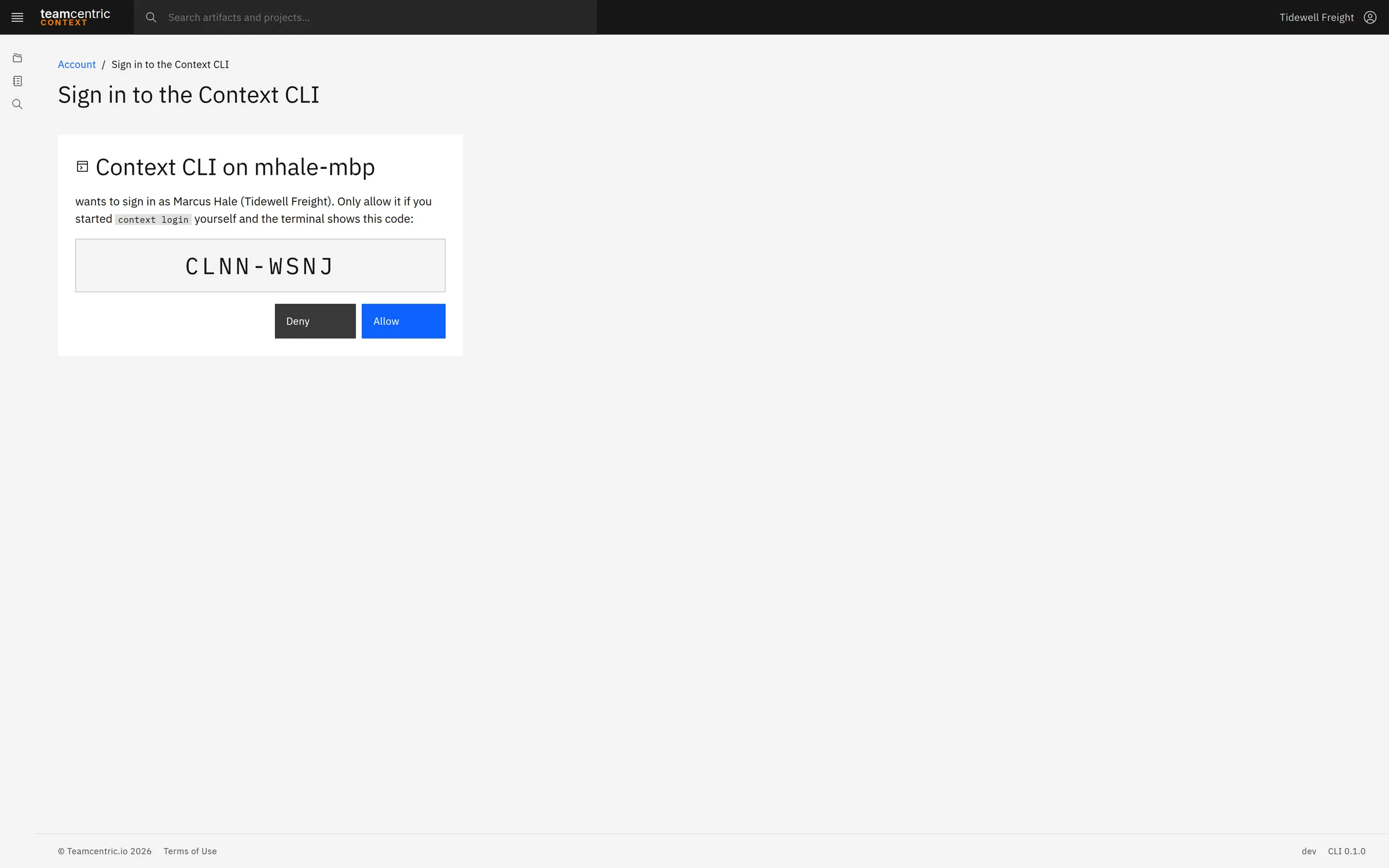 Confirming a context login from a laptop in the browser: the code shown in the terminal, and a button to approve the sign-in.