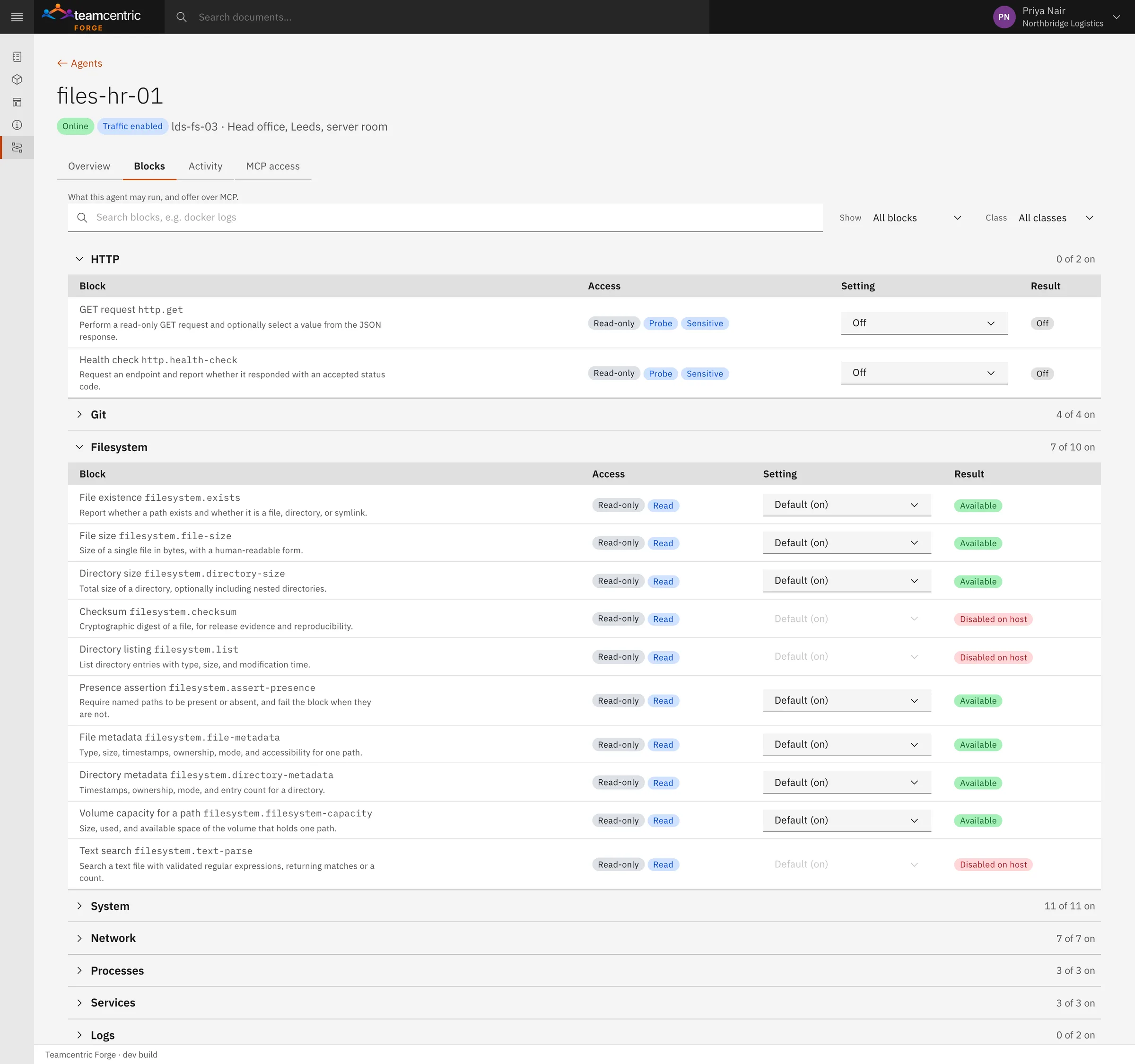 Teamcentric Forge: an HR file server's checks grouped by family, each with its permission classes and result — web checks switched off in Forge, and three file checks disabled on the machine itself.