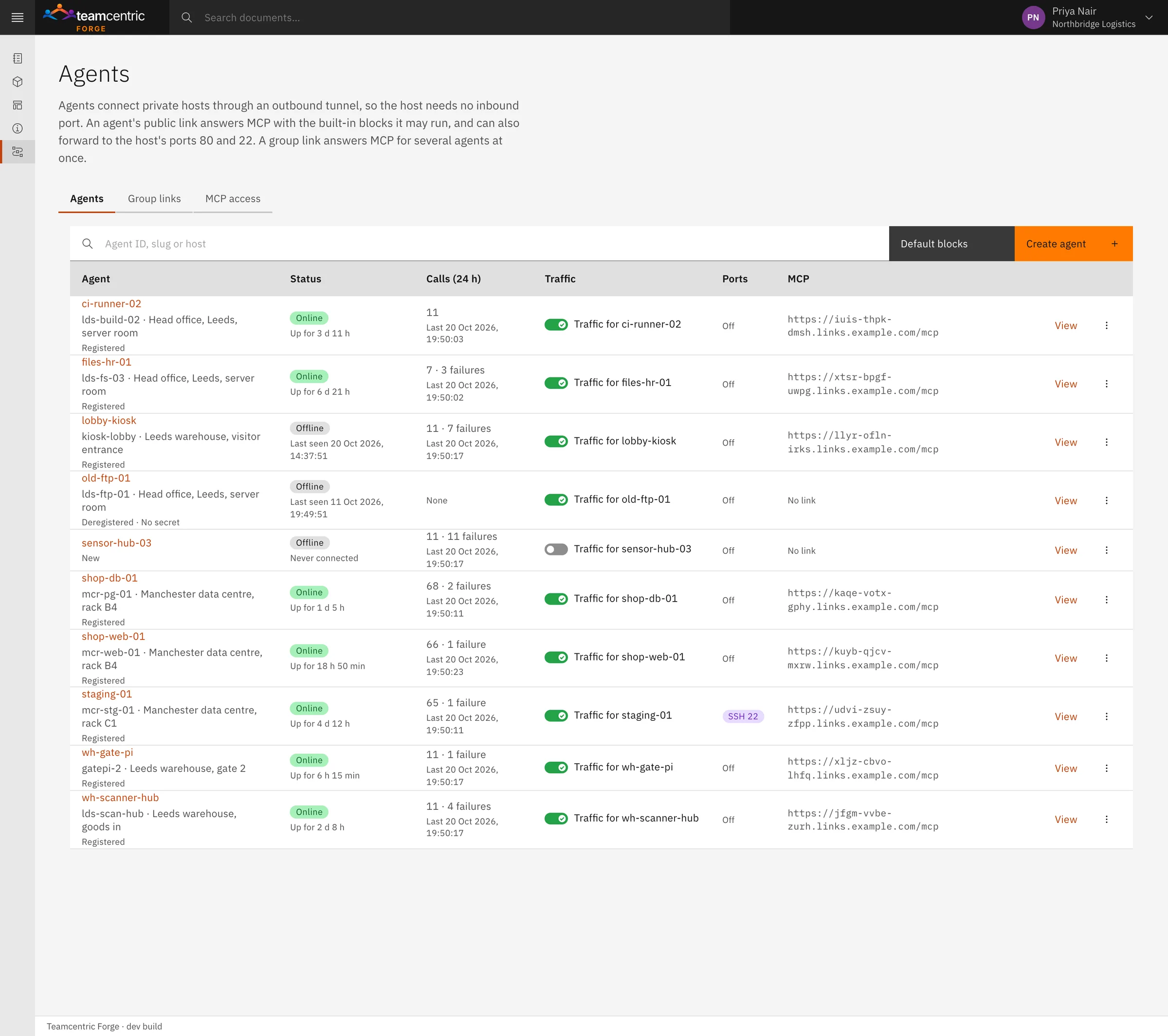 The Forge Agents page listing ten agents with the name and location each machine gives itself, its status — online with up-time, offline with last seen, new or deregistered — calls in the last 24 hours, a traffic switch, web and SSH ports, and its MCP link.