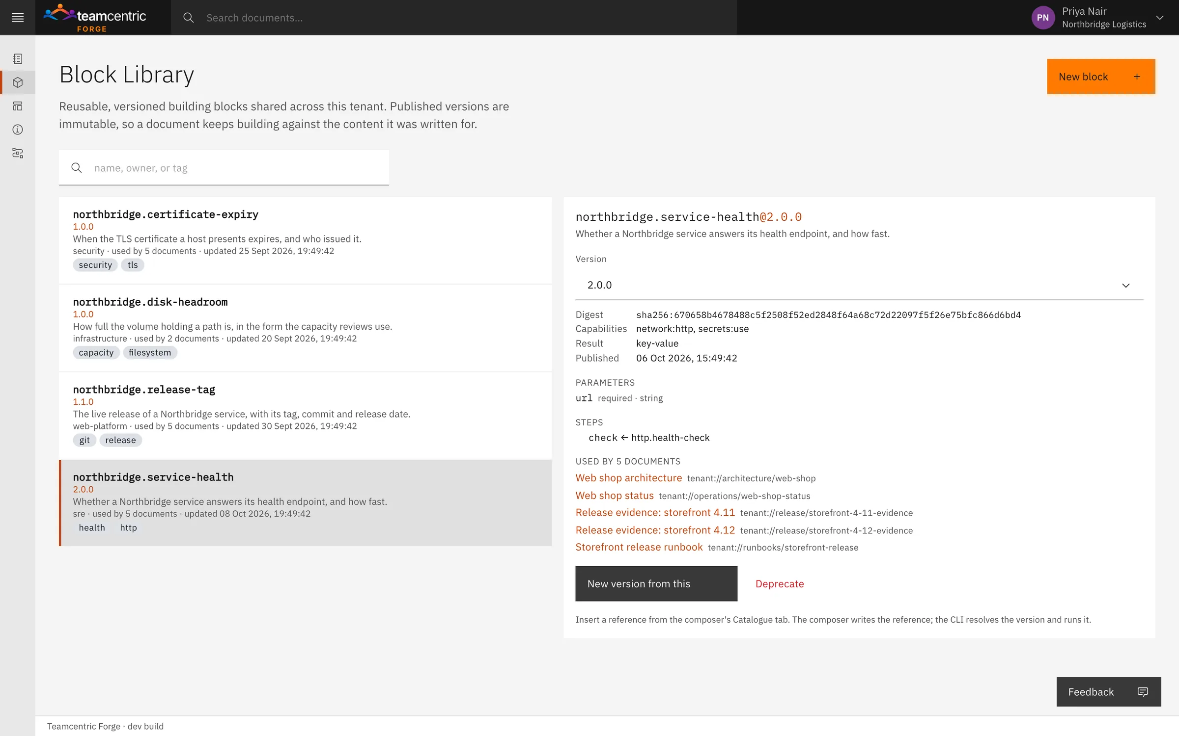 The Block Library with four shared blocks. One is open, showing its version, parameters, the operation it runs and the five documents that use it.