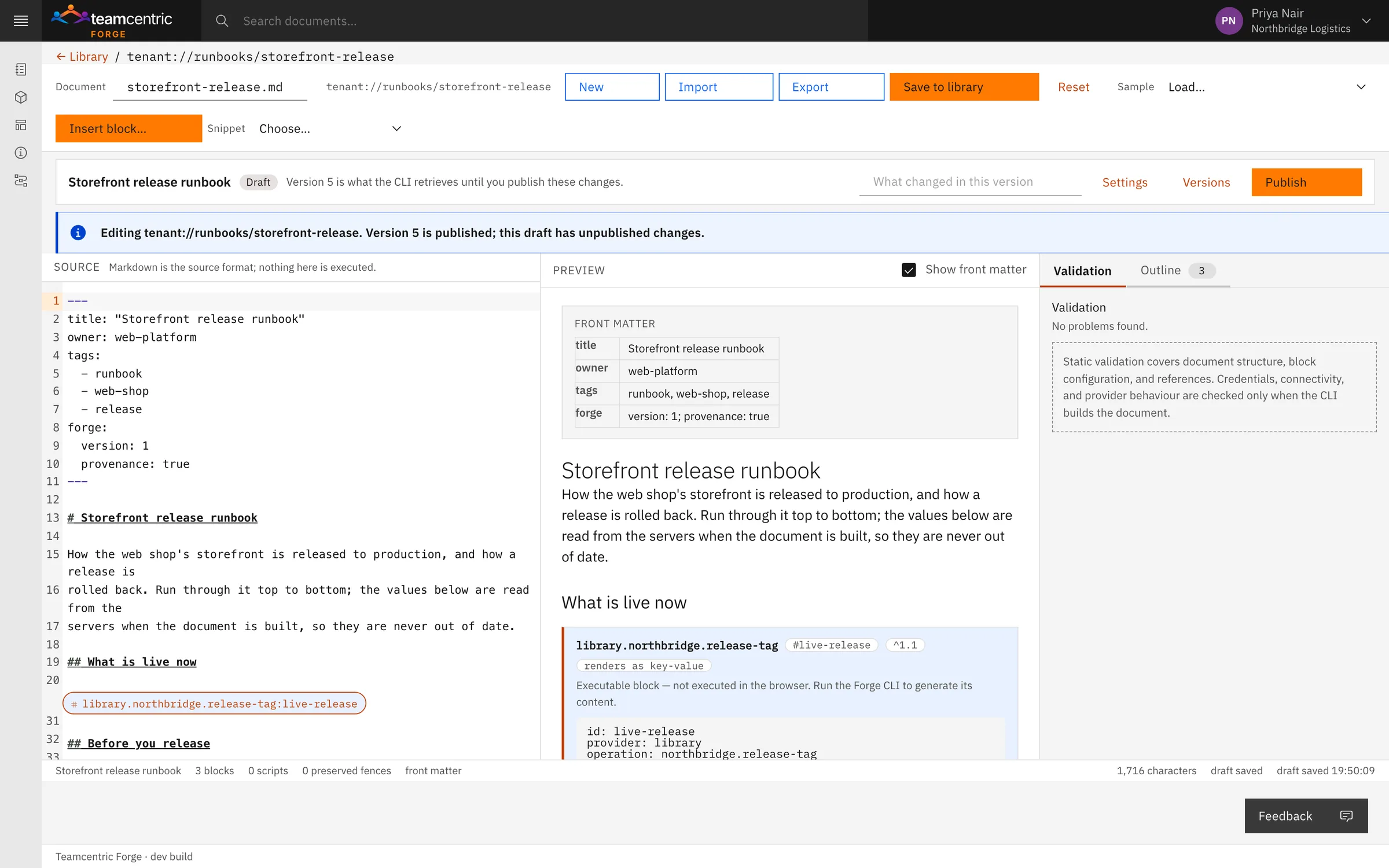 The Teamcentric Forge composer editing a storefront release runbook. On the left, the Markdown source with each executable block shown as a chip; on the right, the rendered preview with a shared Library Block and its sample result. A validation panel and the document outline sit alongside, and a publish bar shows the version the CLI builds now.