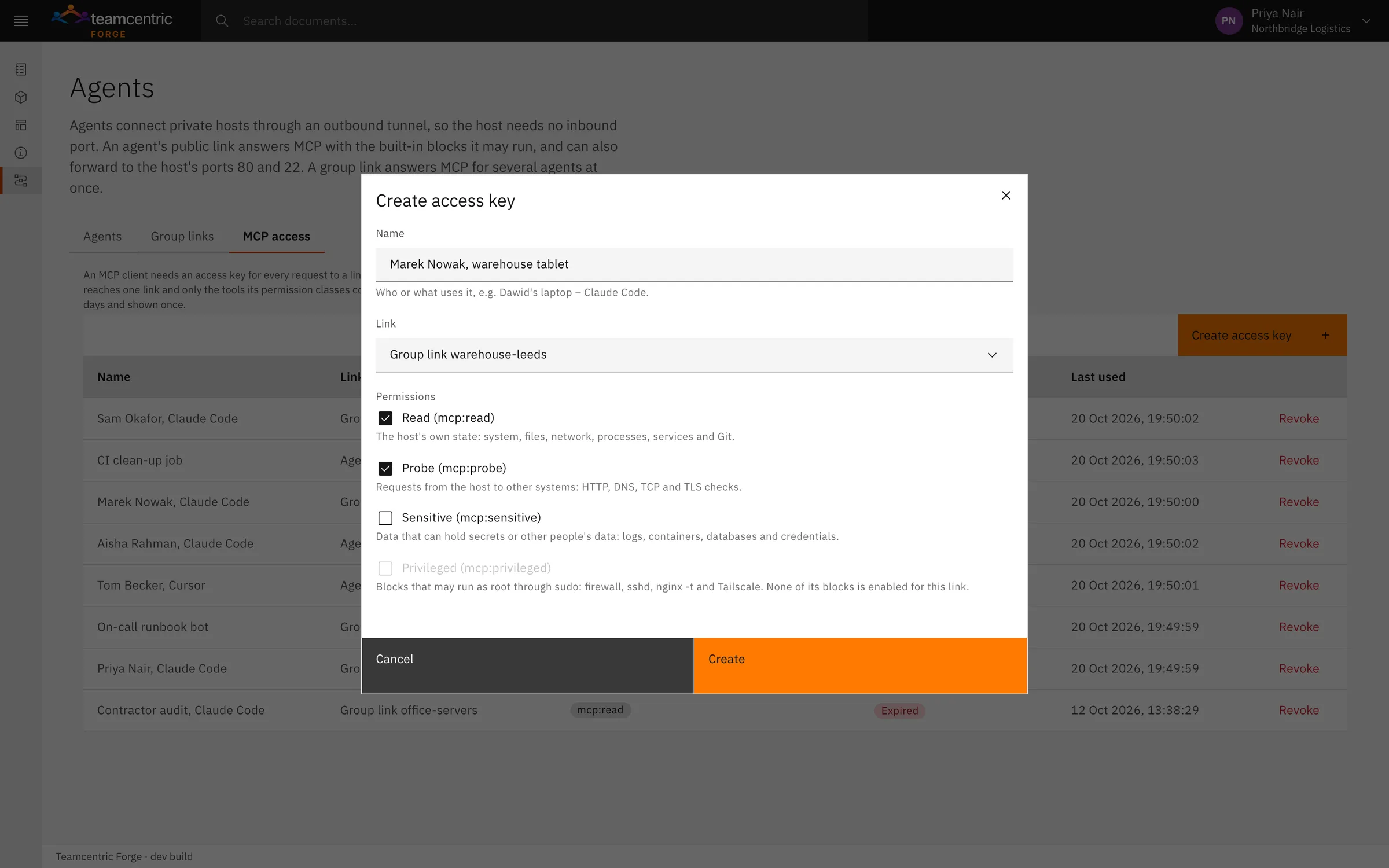 Creating an access key for a warehouse group link: Read and Probe are ticked, and Privileged is greyed out because no machine in the group allows it.