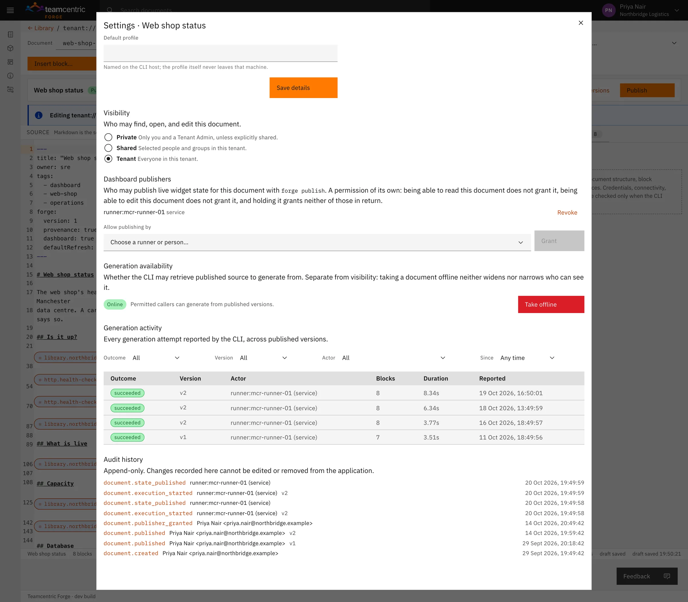 A dashboard document's settings: its visibility, the runner allowed to publish it, generation availability, the builds reported over the last ten days and the audit history.