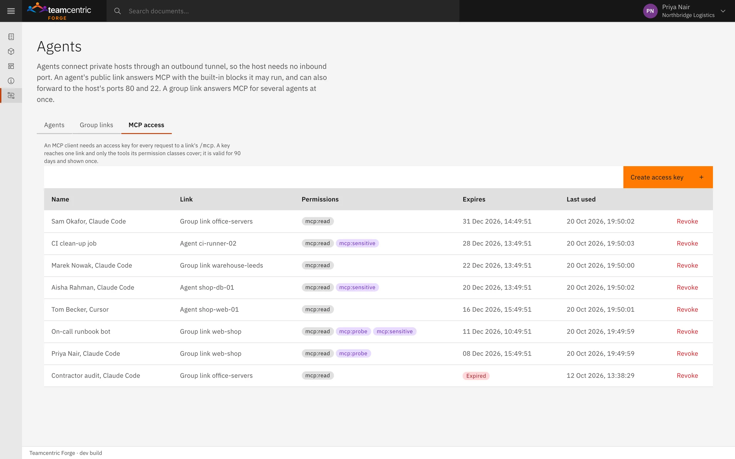 Eight access keys for people, a bot and a nightly job, each with its link, permission classes, expiry date — one already expired — and when it was last used.